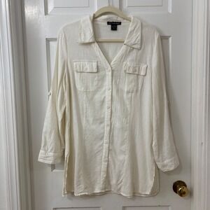 Saint Tropez West Shirt Linen Blend XL Ivory Safari Tunic Tropical Roll Tab Chic